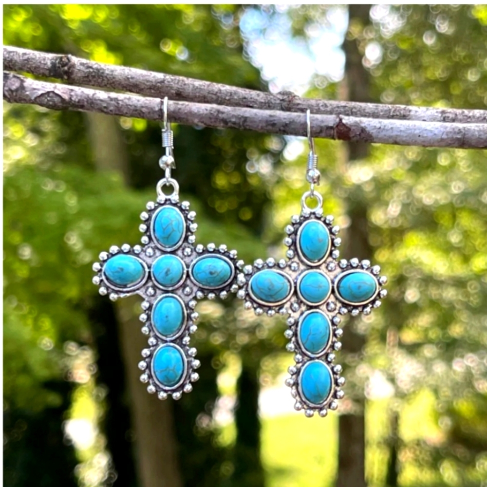 TURQUOISE STONE CROSS EARRINGS NWT